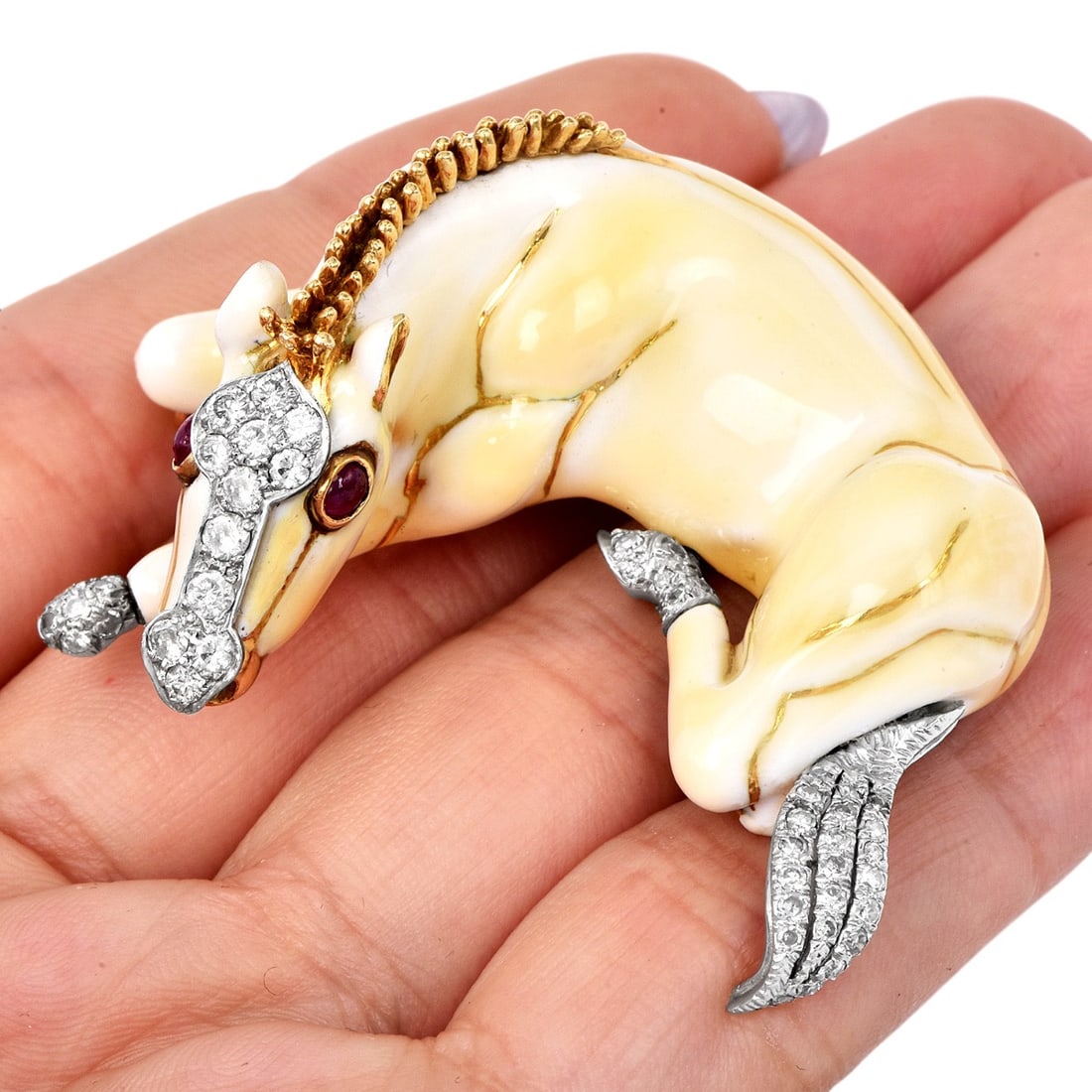 David Webb Enamel Horse Diamonds Rubies Platinum 18K Brooch 46.5 Grams (1 of 5)