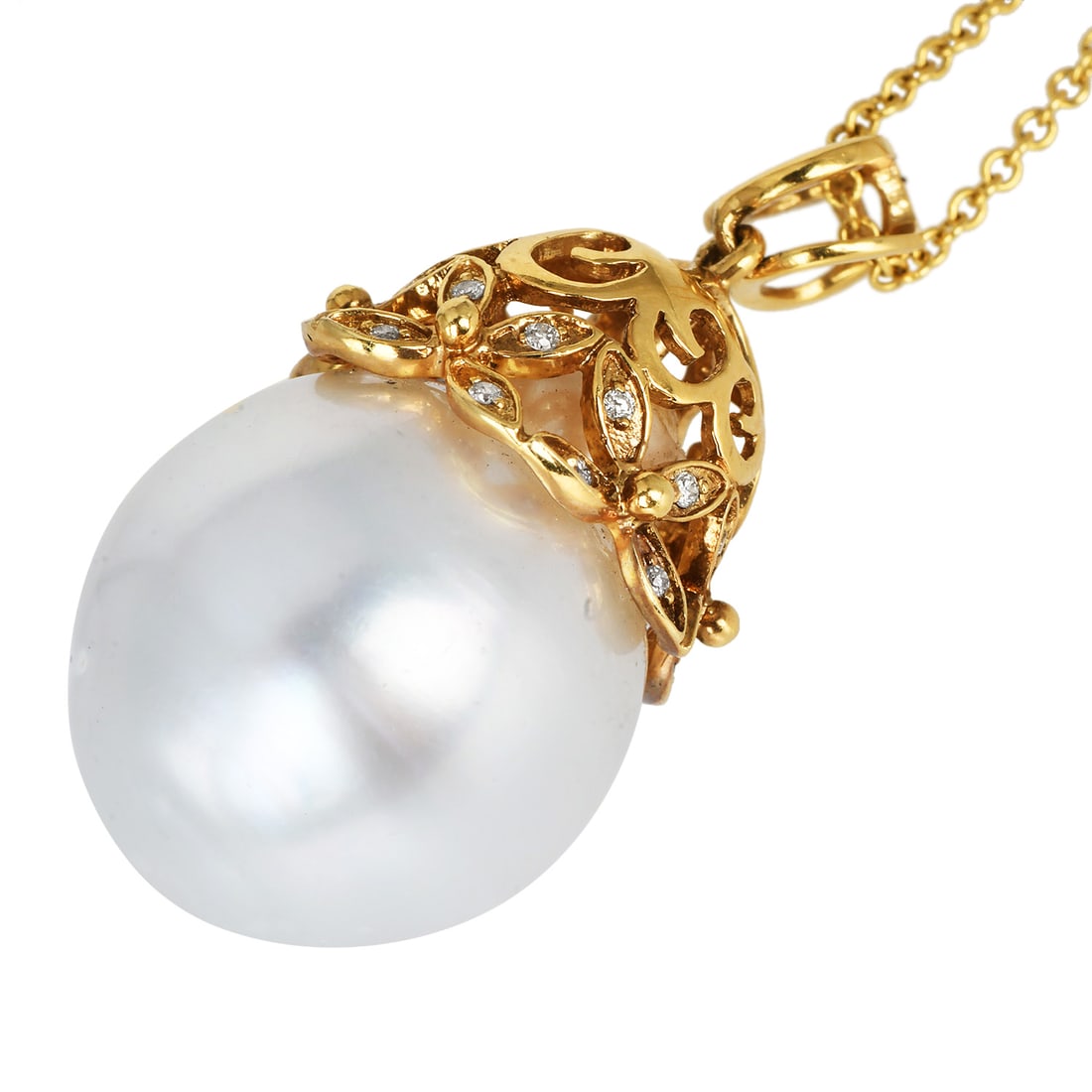 South Sea 16-17mm Pearl Diamond 18K Yellow Gold Drop Pendant Necklace: Item: South Sea Pearl Diamond 18K Yellow Gold Drop Pendant Necklace SKU: DSLP-10 Description:Elegant drop pendant necklace featuring a large South Sea cultured pearl measuring ap
