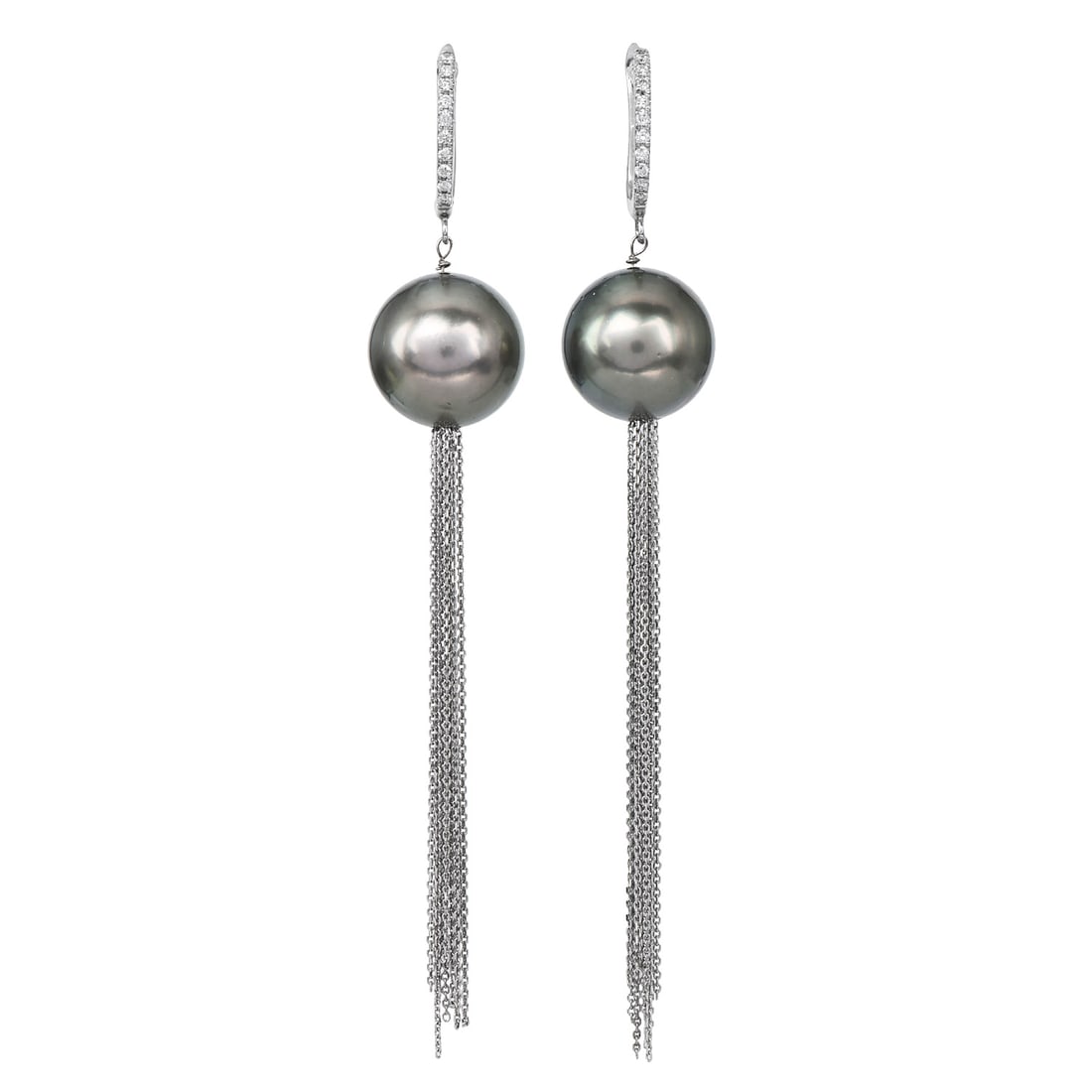 Tahitian 13.5MM Pearl Diamond 18K White Gold Dangle Earrings 9.6 Grams: Item: Tahitian Cultured Pearl and Diamond Dangle Earrings SKU: DSLP-08 Metal: 18K White Gold Primary Stones: Two (2) Tahitian Cultured Pearls measuring approxima
