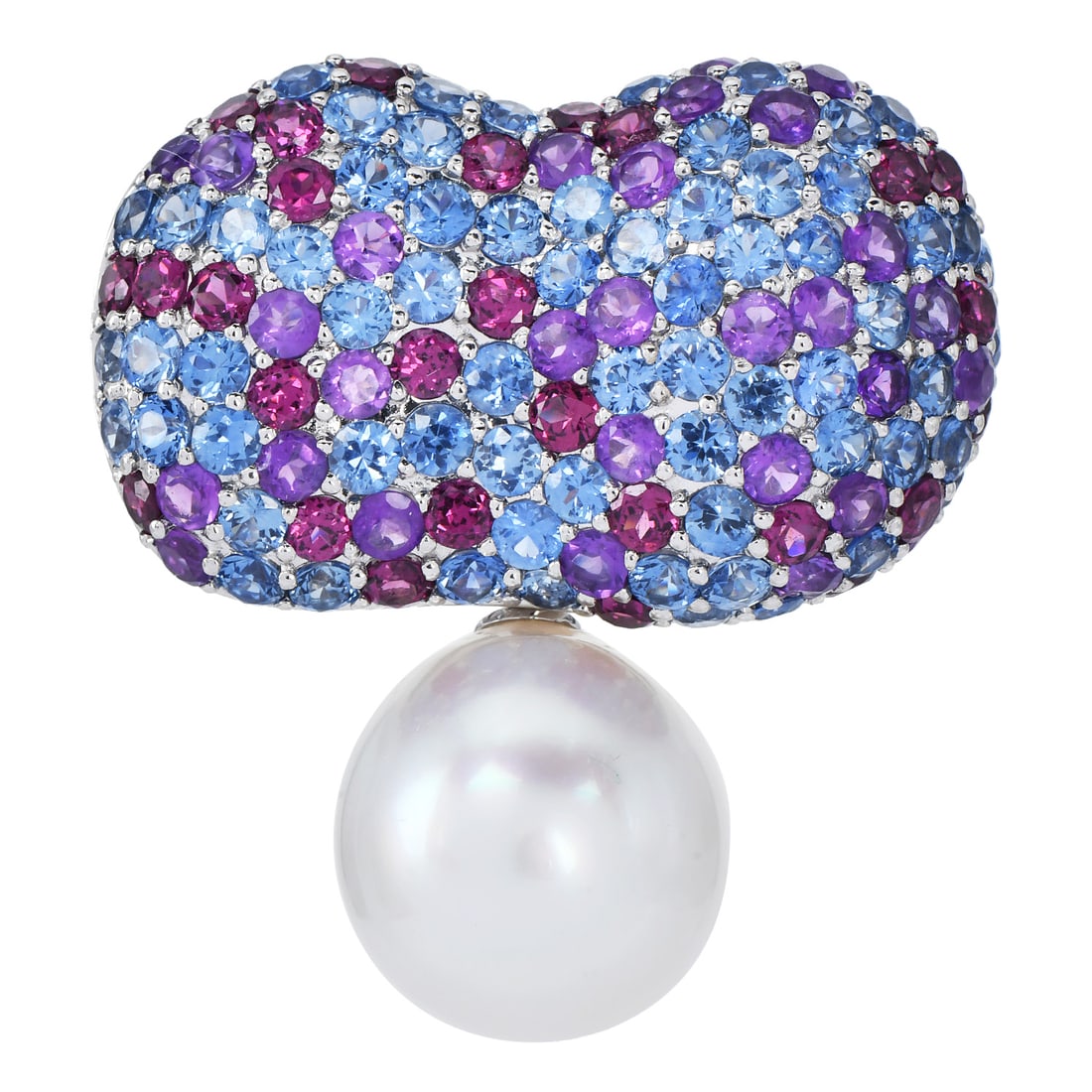 Estate 15.5mm South Sea Pearl Sapphire Garnet Amethyst 18K White Gold Brooch 10.6 Grams: Item: Estate South Sea Pearl, Sapphire, Garnet & Amethyst Brooch SKU: DSLP-11 Metal: 18K White Gold Primary Stone:One (1) South Sea Cultured Pearl measurin