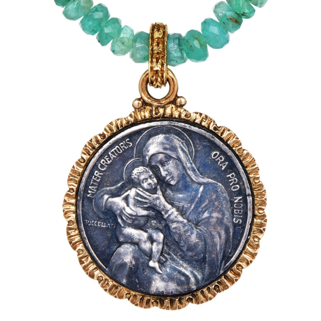 Mario Buccellati Madonna Emerald 18K Gold Silver Coin Necklace 17.8 Grams: A rare vintage devotional necklace by Mario Buccellati</