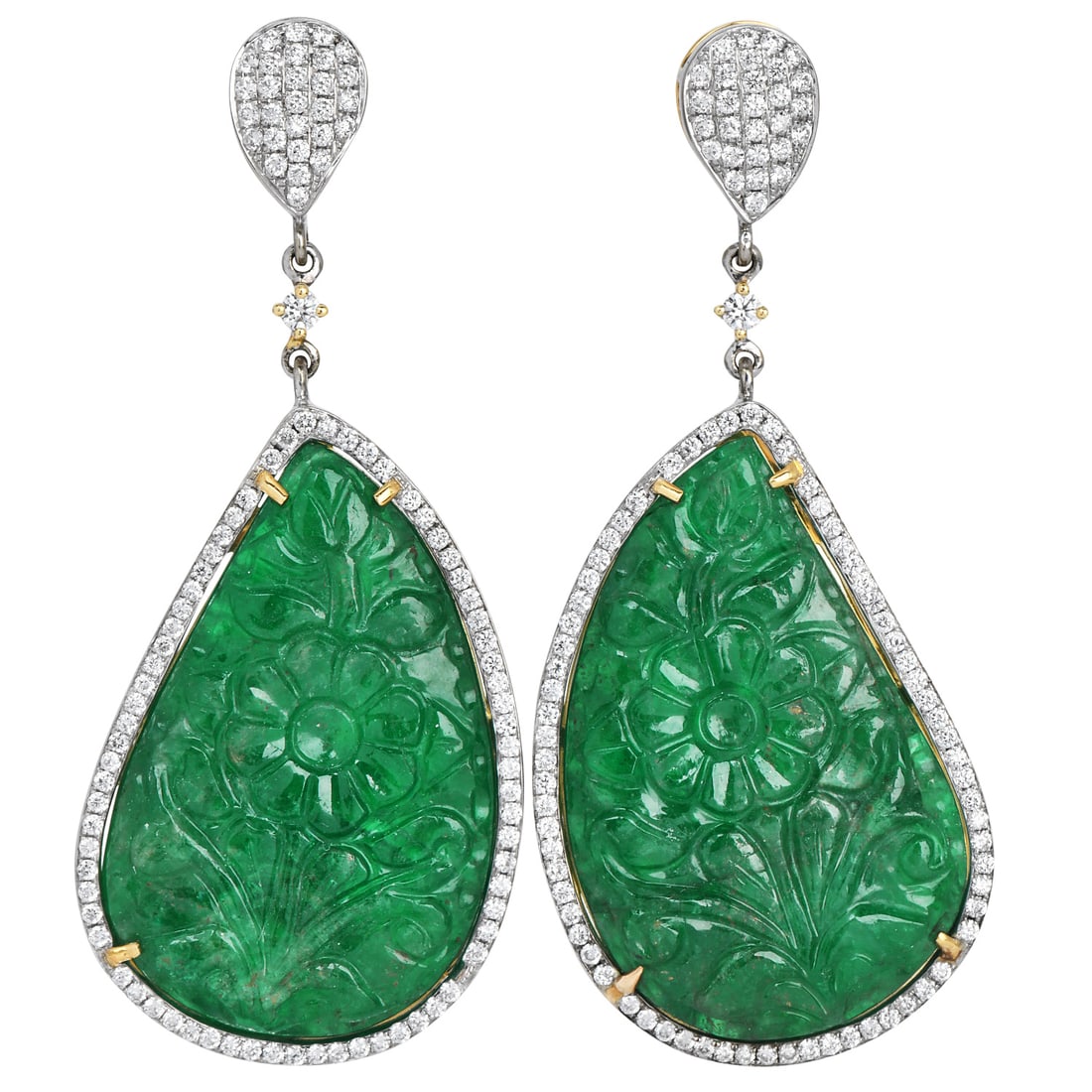 Carved Emerald 72.63ct Diamond 18K Yellow Gold Floral Dangle Earrings 27.3 Grams (1 of 5)