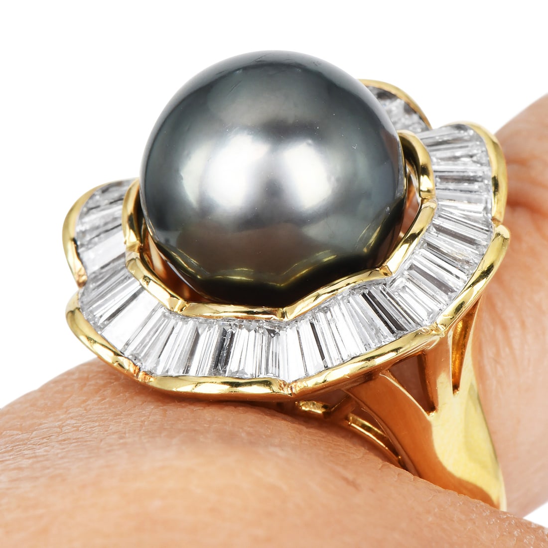 Vintage Tahitian Pearl 1.50ct Diamond 18K Yellow Gold Ballerina Cocktail Ring 12.8 Grams: Item: Vintage Tahitian Pearl and Diamond Ballerina Cocktail Ring SKU: BGEM-529 Metal: 18K Yellow Gold Primary Stone:One (1) Tahitian Cultured Pearl measuri