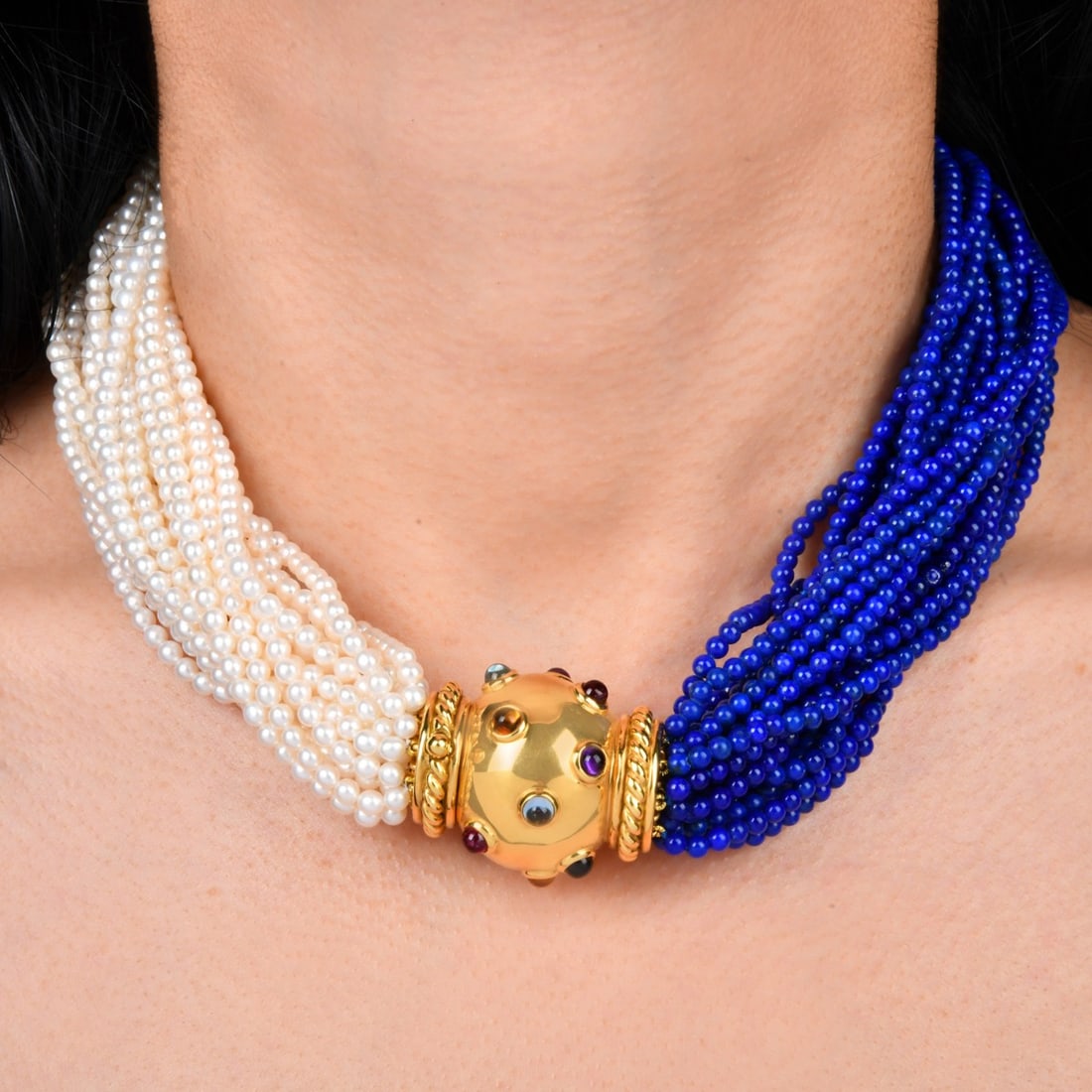 Paloma Picasso Tiffany & Co 18K Gold Multi Strands Lapis Pearl Necklace 207.4 Grams: A bold and unmistakable statement necklace by Tiffany &