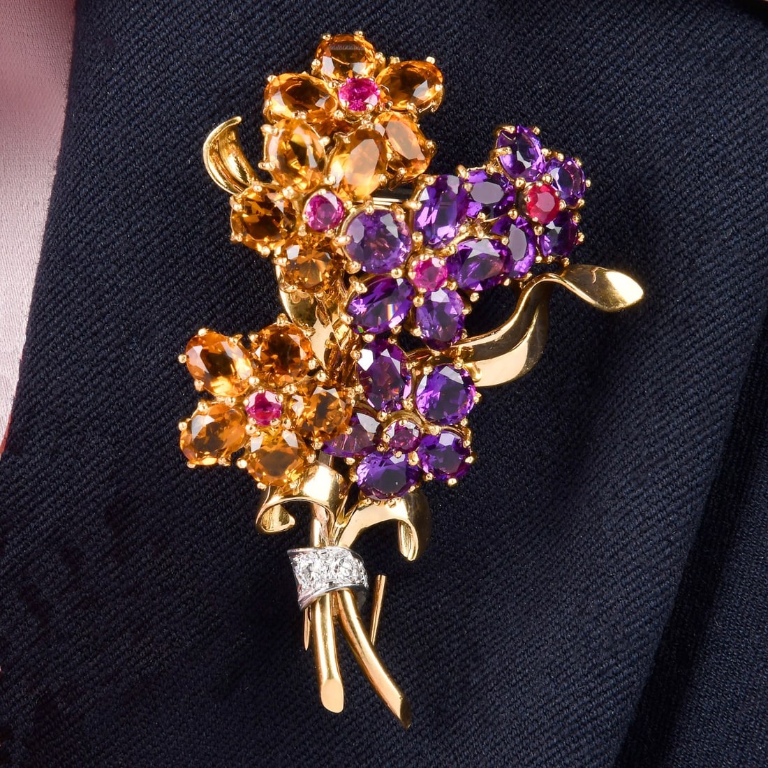 Boucheron Vintage Diamond Citrine Amethyst Ruby 18K Gold Bouquet Brooch 20.5 Grams (1 of 6)