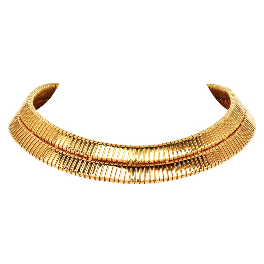 Vintage Cartier Tubogas 18K Yellow Rose Double Row Choker Necklace 110.4 Grams: Item: Vintage Cartier Tubogas Double Choker Necklace SKU: 03-16-1001329 Brand: Cartier Metal: 18K Yellow & Rose Gold Description:Vin