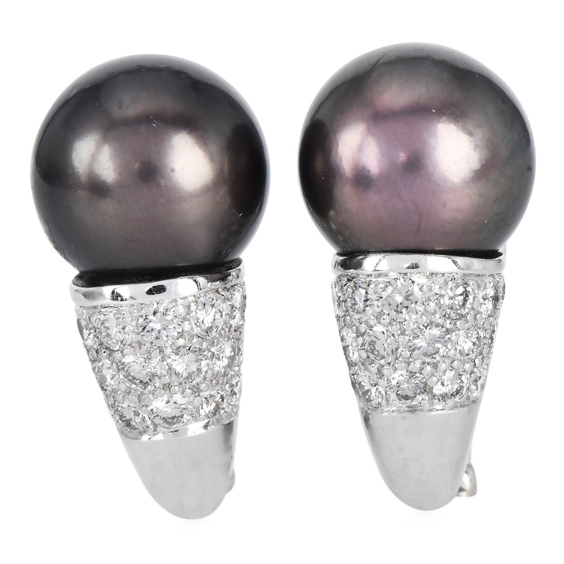 Estate 13.80mm Tahitian Pearl 2.00ct Diamond 18K White Gold Sconce Earrings 18.7 Grams: Item: Estate Tahitian Pearl and Diamond Sconce Earrings SKU: BGEM-528 Metal: 18K White Gold Primary Stones:Two (2) Tahitian Cultured Pearls measuring appro