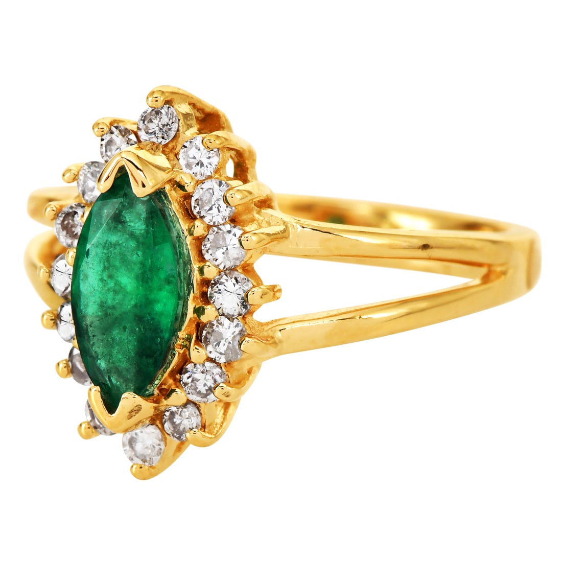 BH EFFY Emerald 0.65ct Diamond 14K Yellow Gold Halo Ring: Item: BH Effy Emerald and Diamond Halo Ring SKU: 1301302 Brand: Effy Metal: 14K Yellow Gold Primary Stone:Emerald weighing approxima