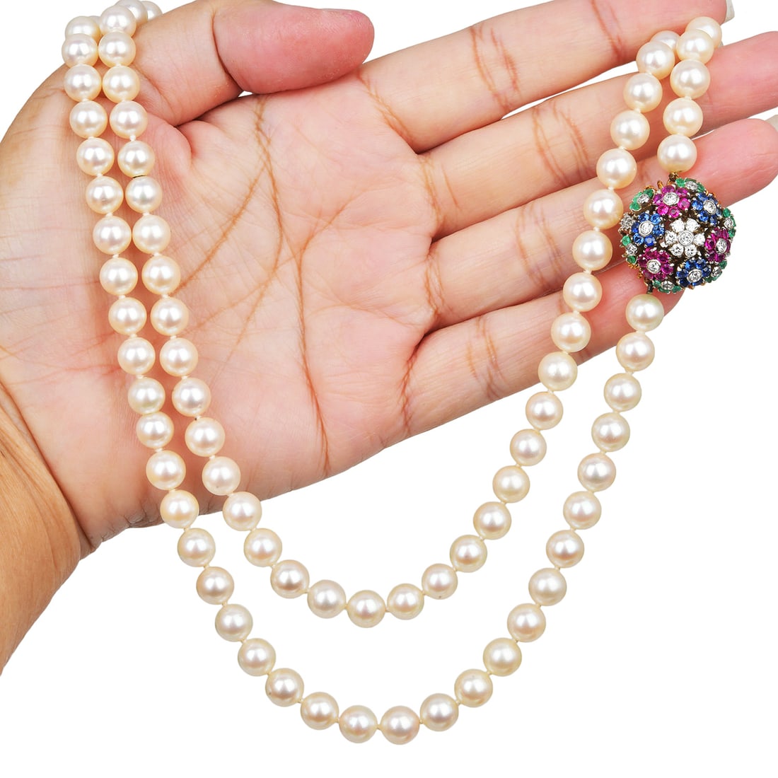 Vintage Sapphire Ruby Diamond Emerald Akoya Pearl 18K Two Tone Floral Necklace: Item: Vintage Multi-Gemstone Pearl Floral Necklace SKU: RIBR-01 Metal: 18K White & Yellow Gold Description:Vintage single strand necklace featuring Japanes