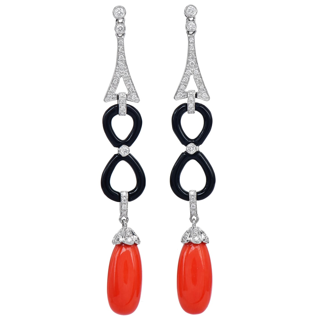 Coral, Black Onyx, Diamond 18K White Gold Earrings 7.50 Grams: Item: Coral, Black Onyx, Diamond 18K White Gold Earrings Description:Art Deco-inspired earrings crafted in 18 karat white gold, featuring full-cut diamonds totaling approximately 0.30 carats, interloc