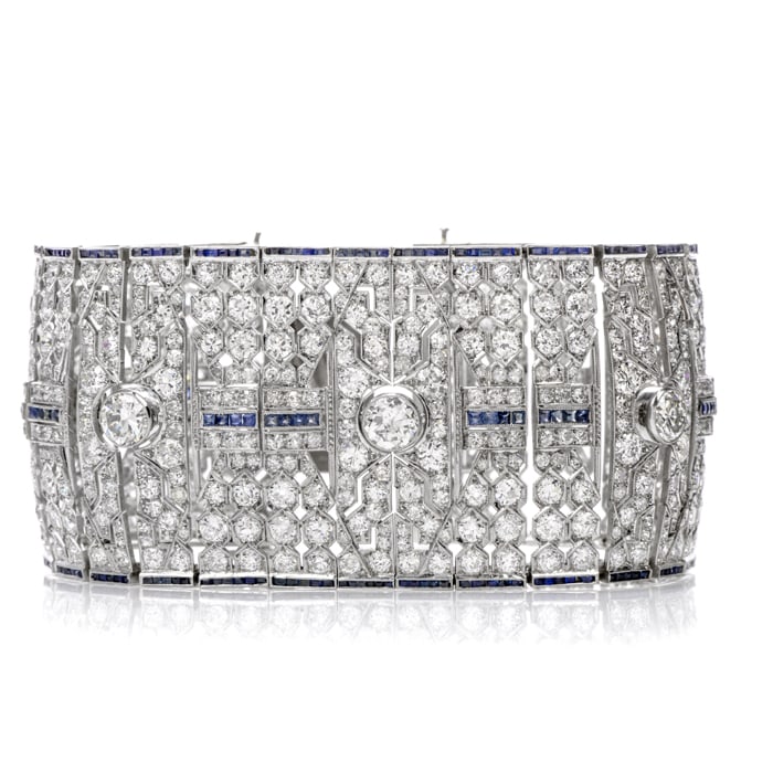 Art Deco 50.06cts Diamond Sapphire Platinum Wide Bracelet 122.8 Grams - 3
