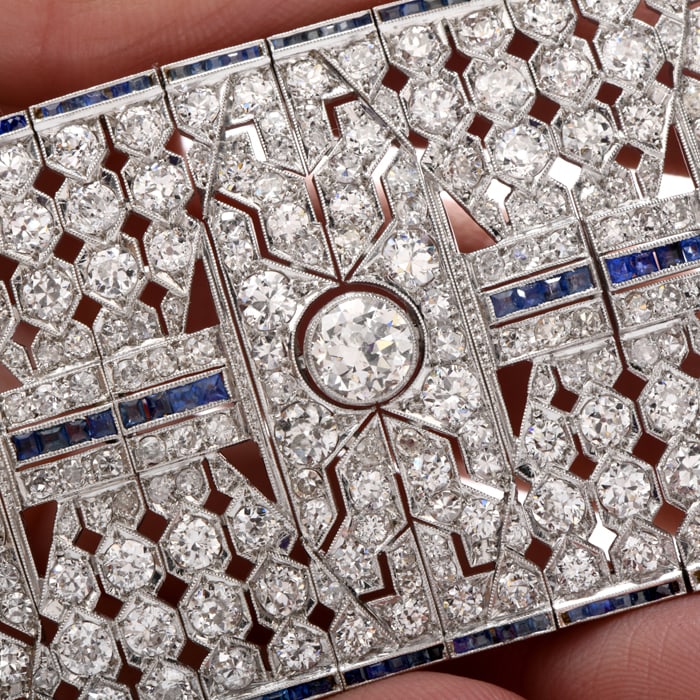 Art Deco 50.06cts Diamond Sapphire Platinum Wide Bracelet 122.8 Grams - 4