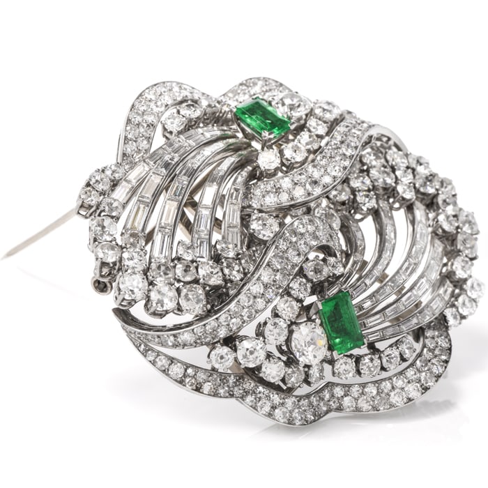Vintage Boucheron Diamond 29.52ct Emerald Platinum Double Clip Lapel Brooch 56.7 Grams - 3