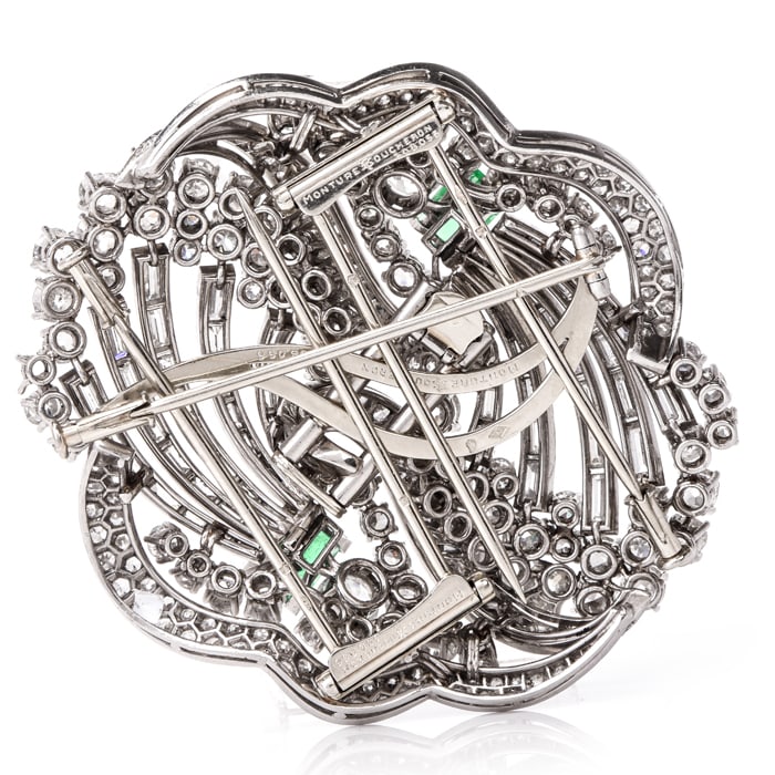Vintage Boucheron Diamond 29.52ct Emerald Platinum Double Clip Lapel Brooch 56.7 Grams - 4