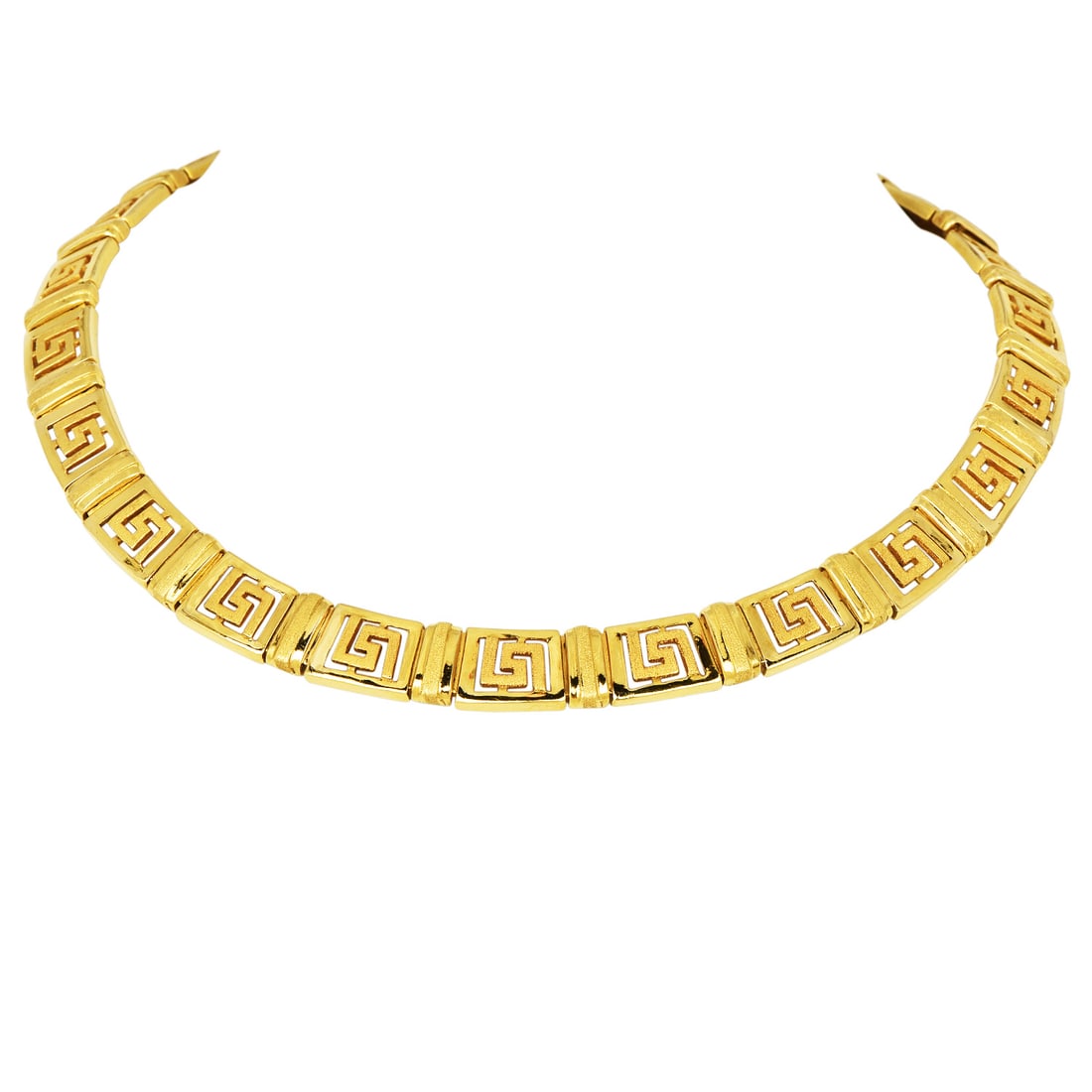 Lalaounis 18K Yellow Gold Greek Design Choker Necklace 76.9 Grams: Lalaounis 18K Yellow Gold Greek Design Choker Necklace Brand: Lalaounis Metal: 18K Yellow Gold Design: Open Work Greek Design Length: Appr