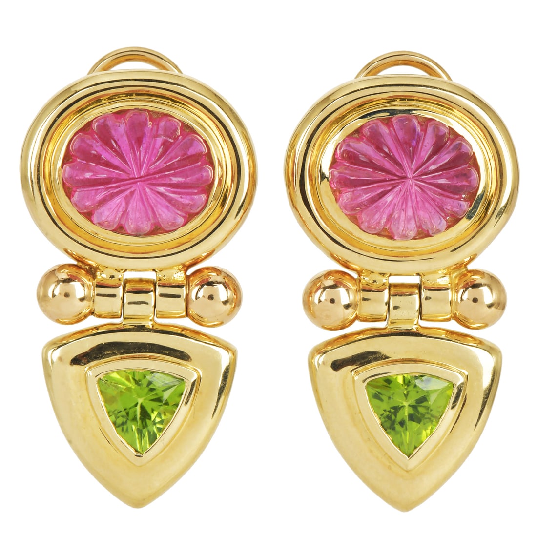 David Yurman Carved Pink Tourmaline Peridot 14K Yellow Gold Dangle Earrings: David Yurman Carved Pink Tourmaline Peridot 14K Yellow Gold Dangle Earrings Brand: David Yurman Metal: 14K Yellow Gold Total Weight: Approximately 21.2 grams