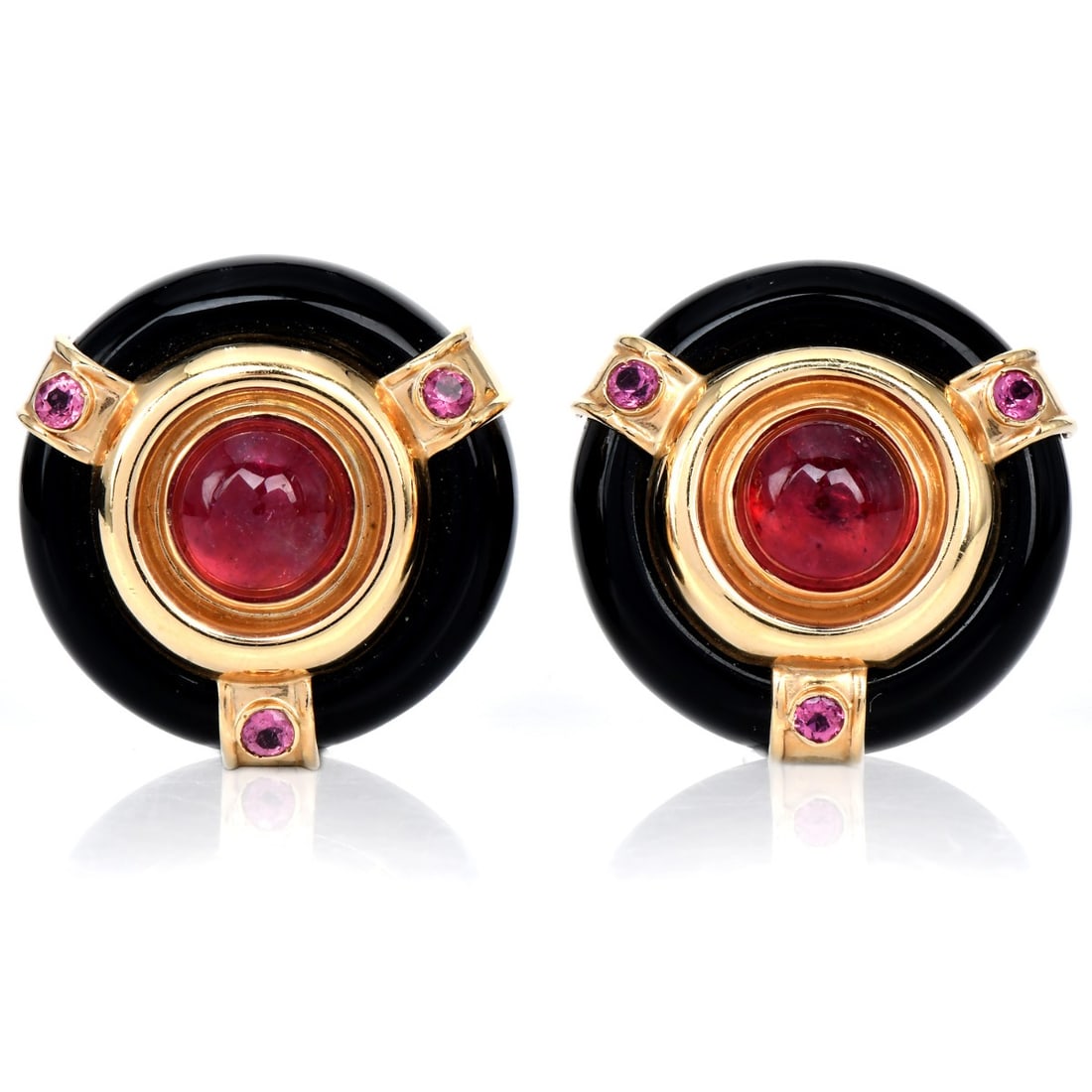 Marina B Tourmaline Onyx Pink Sapphire 14K Gold Statement Earrings 20.2 Grams: Bold and vibrant, these statement earrings are crafted in 14K yellow gold and feature a striking combination of color and contrast. At the center, rich cabochon tourmalines display a deep pink hue, fr
