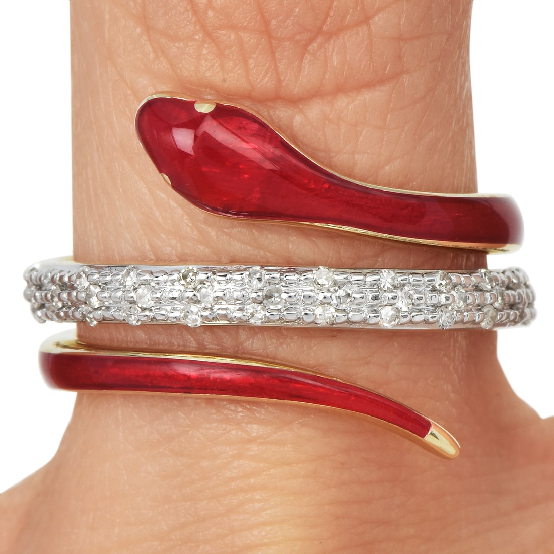 Snake Diamond 14K Yellow Gold Red Enamel 5.8 Grams: Snake Diamond 14K Yellow Gold Red Enamel Ring Metal: 14K Yellow Gold Total Weight: Approximately 5.8 grams Design: Snake motif with red enamel (three rows)