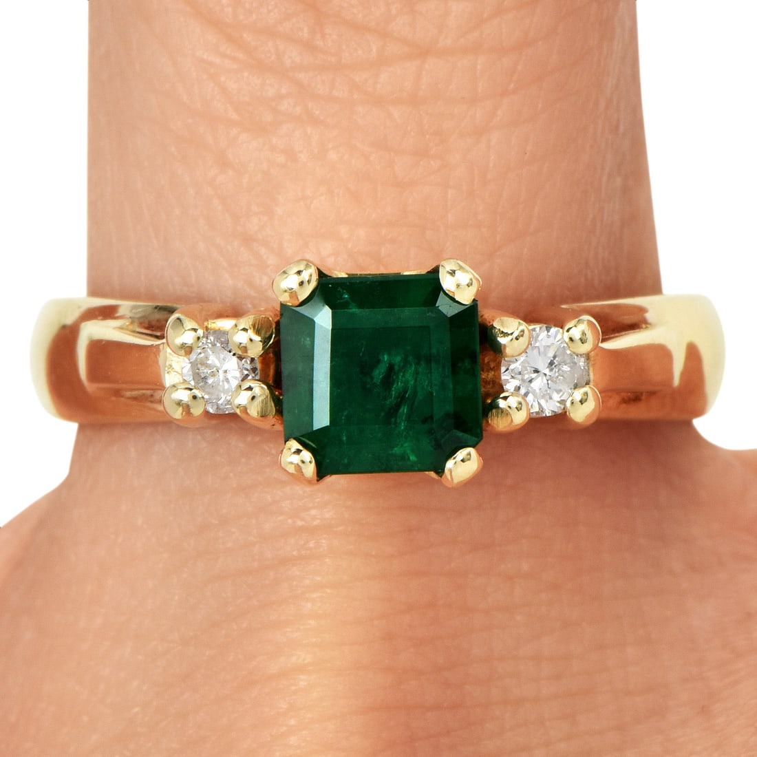 Emerald 1.10ct Diamond 18K Yellow Gold Three Stone Ring 5 Grams (1 of 4)