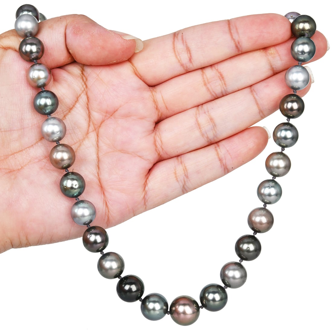 Multi Color South Sea 11MM-14.7MM Pearl 14K Yellow Gold Graduated Necklace 70.9 Grams: Length: Approximately 18 inches Total Weight: Approximately 70.9 grams Primary Stones: Tahitian Cultured Pearls Quantity: 39 pearls Size Range: Approximately 10.