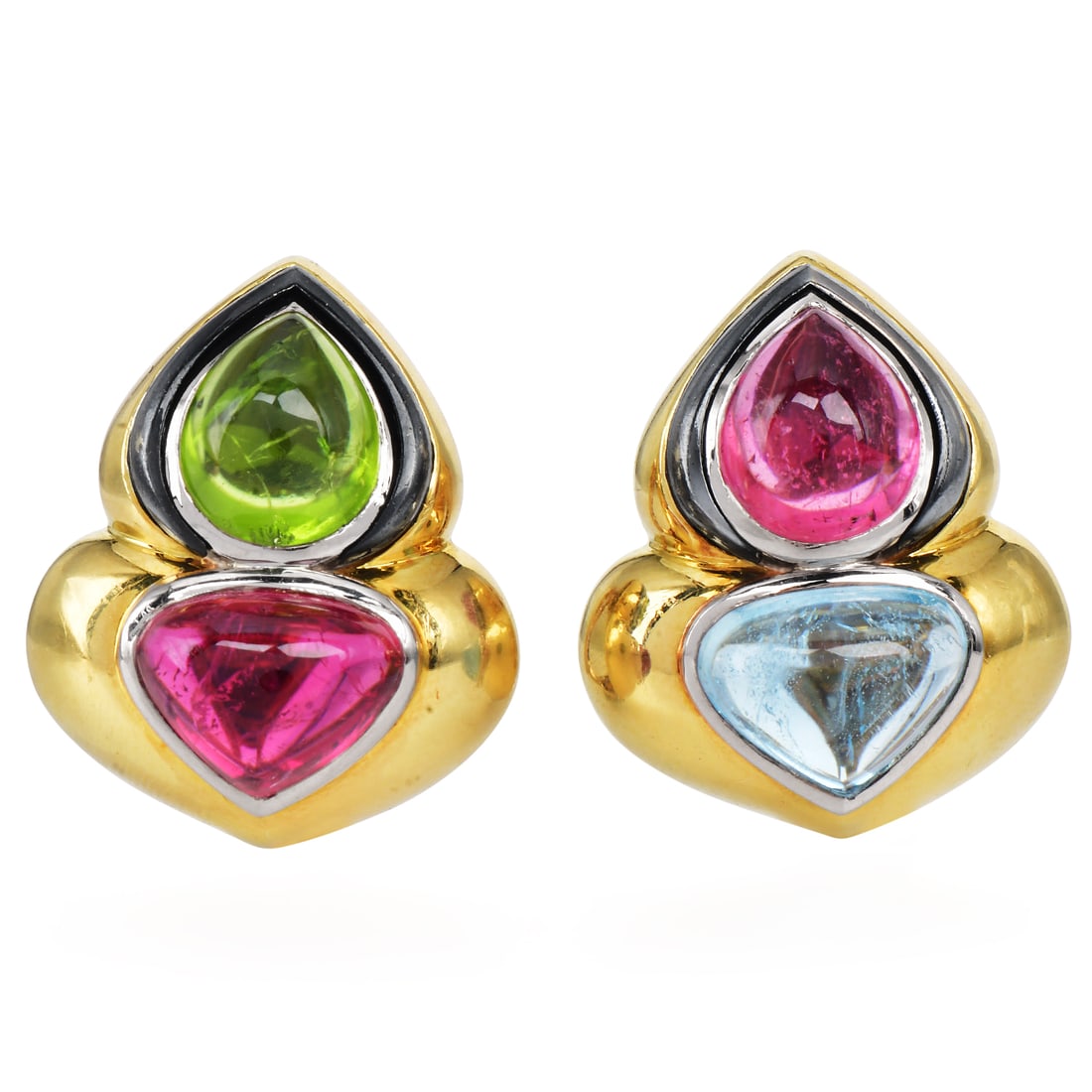 Vasari Tourmaline & Aquamarine 18K Yellow Gold Clip-On Earrings 30.1 Grams: Vasari Tourmaline & Aquamarine 18K Yellow Gold Clip-On Earrings Elegant and sculptural, these Vasari clip-on earrings are crafted in rich 18K yellow gold and showcase a refined arrangement of nat