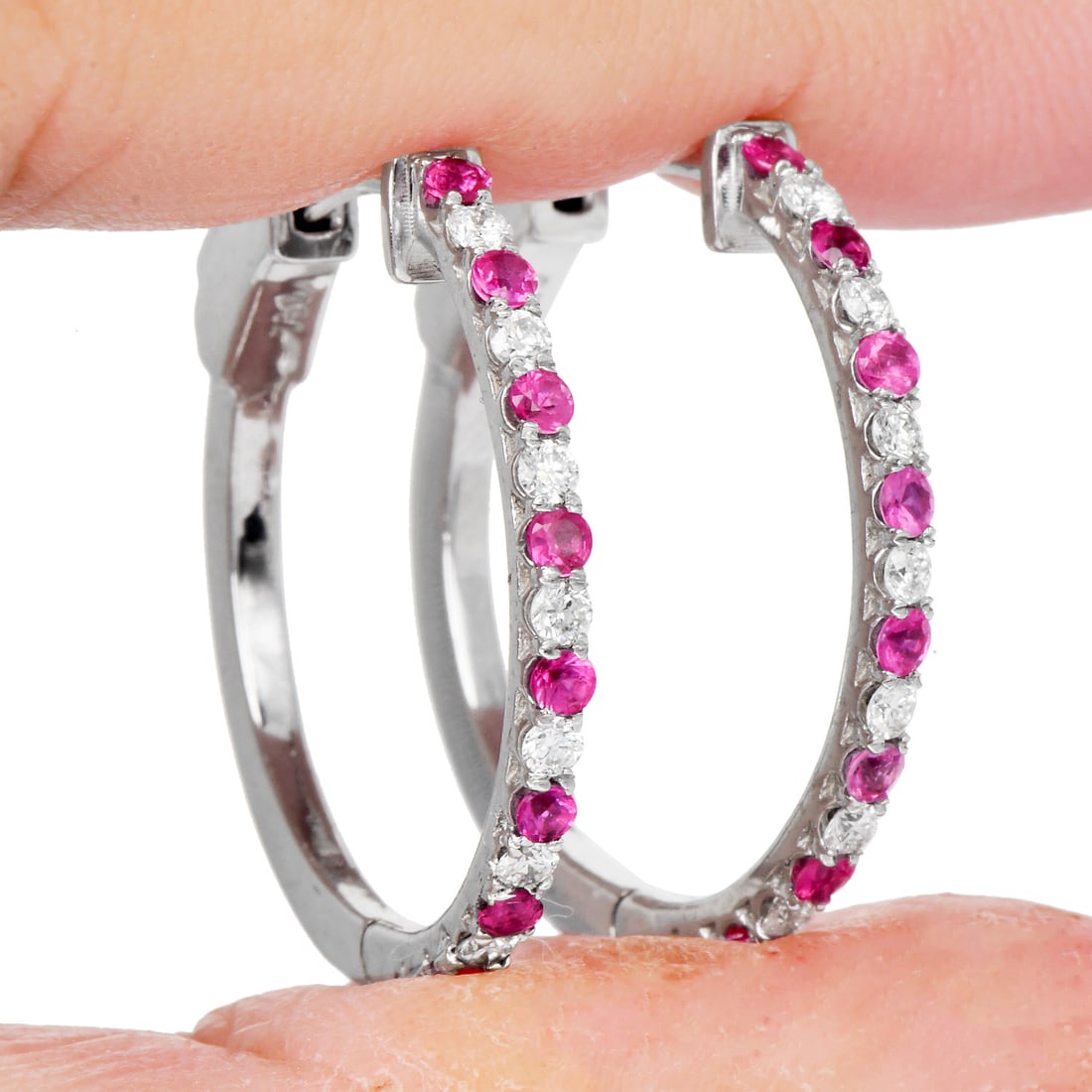 Pink Sapphire 0.85ct Diamond 18K White Gold Hoop Earrings 5.14 Grams: Primary Stones: Pink Sapphires Total Carat Weight: Approximately 0.55 carats Accent Stones: Diamonds Total Carat Weight: Approximately 0.30 carats Color: G-H <