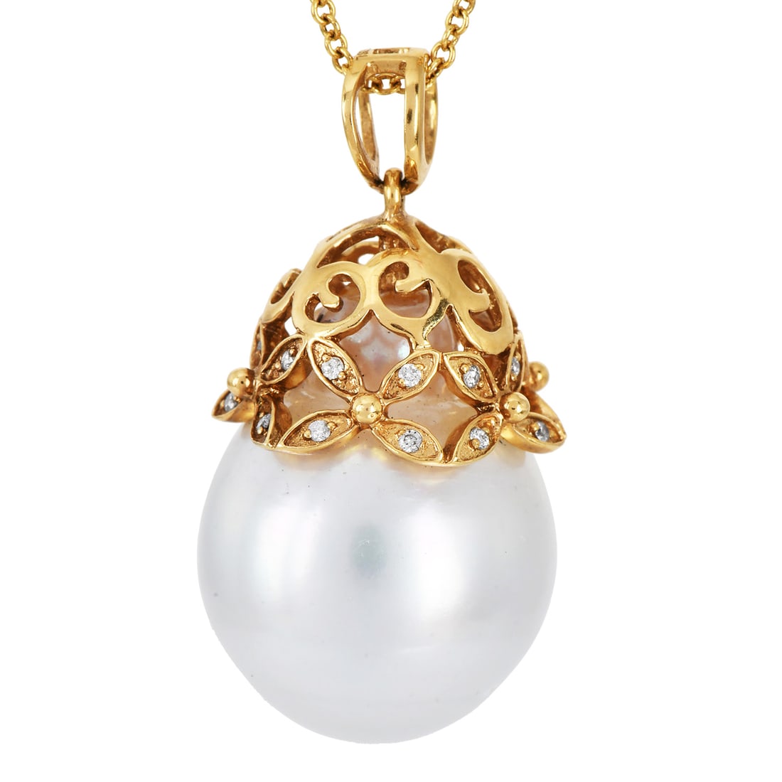 South Sea 16-17mm Pearl Diamond 18K Yellow Gold Drop Pendant Necklace 13 Grams: South Sea Pearl Diamond 18K Yellow Gold Drop Pendant Necklace Metal: 18K Yellow Gold Total Weight: Approximately 13 grams Primary Stone: South Sea Cultured Pearl