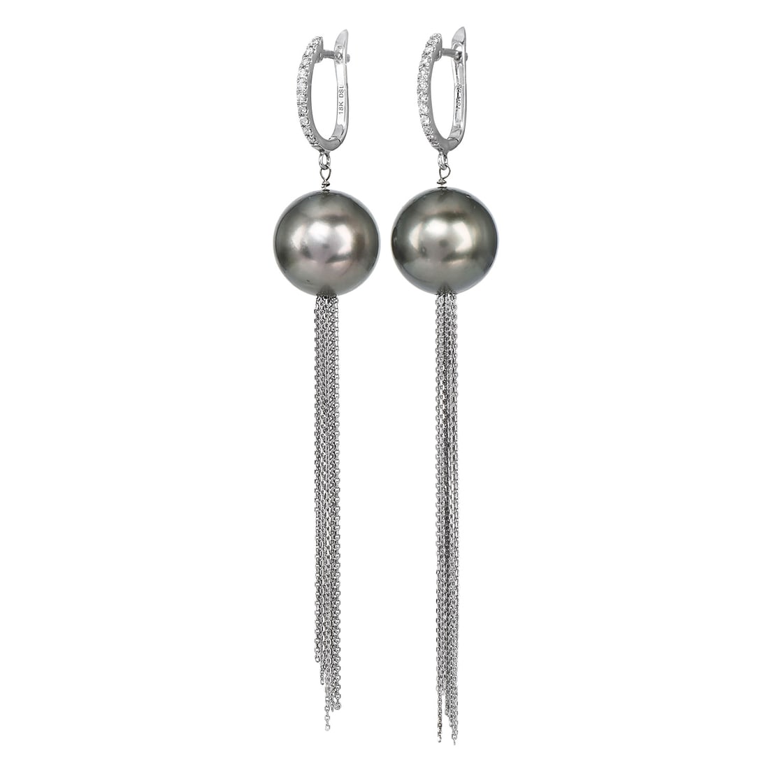 Tahitian 13.5MM Pearl Diamond 18K White Gold Dangle Earrings 9.6 Grams: Tahitian Cultured Pearl and Diamond Dangle Earrings Metal: 18K White Gold Total Weight: Approximately 9.6 grams Primary Stones: Tahitian Cultured Pearls