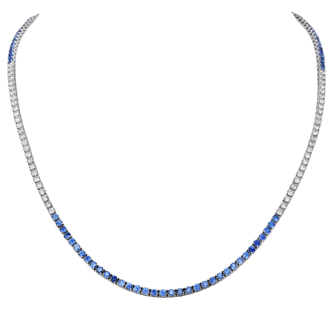Blue Sapphire 6.60ct Diamond 18K White Gold Tennis Necklace 15.6 Grams: Blue Sapphire & Diamond 18K White Gold Tennis Necklace Metal: 18K White Gold Total Weight: Approximately 15.6 grams Primary Stones: Blue Sapphires T