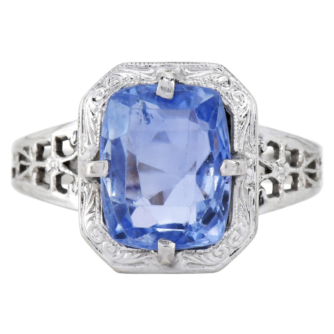 Vintage Elongated Cushion 3.80ct Sapphire 14K White Gold Engagement Ring 2.5 grams (1 of 5)