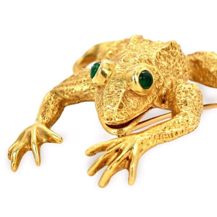 Vintage Kurt Wayne Emerald 18K Yellow Gold Frog Brooch Pin 22.7 Grams (1 of 5)