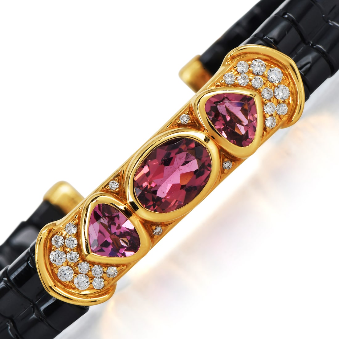 Marina B Diamond 46ct Tourmaline Jade 18K Gold Cuff Bracelet 26.22 Grams With Pouch and Paperwork: Marina B Diamond, Pink Tourmaline & Black Jade 18K Yellow Gold Bracelet Exquisite and collectible, this authentic Marina B bracelet is crafted in luxurious 18K yellow gold and showcases the bold, 