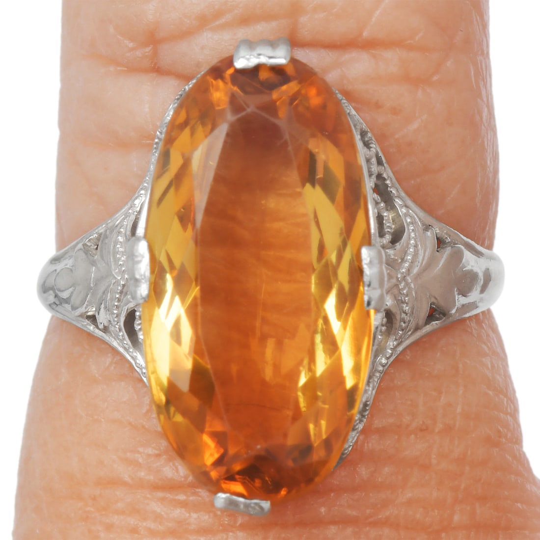 Vintage Elongated Moval Citrine 14K White Gold Engagement Ring 2.3 Grams (1 of 4)