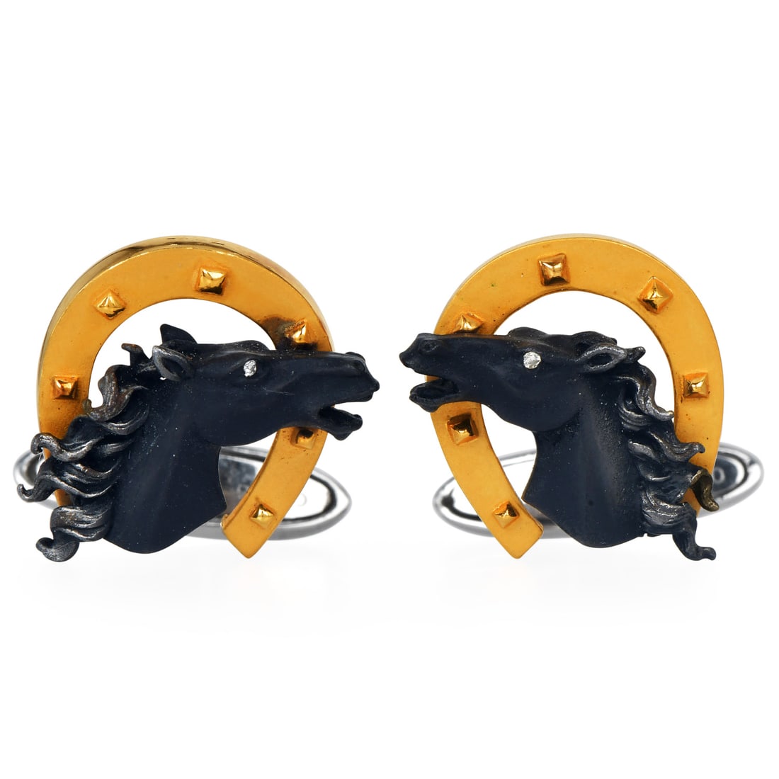 Carrea Y Carrera Horse Head 18K Gold Black Rhodium Steel Diamond Eye Cufflinks 9.1 Grams: Carrera y Carrera Horse Head 18K Yellow Gold, Black Rhodium & Steel Diamond Eye Cufflinks Brand: Carrera y Carrera Metal: 18K Yellow Gold, Black Rhodium, and Steel Measur