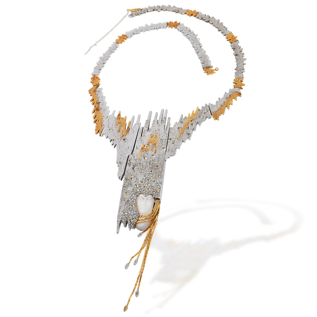 Vintage Erte Diamond Sapphire Pearl 14K Sterling Silver Sophisticated Necklace: "Sophistication" Necklace, Ertefrom the "Sophistication" collection The convertible necklace is made of 14K yellow gold sterling silver diamond, mother of pearl and Sapphires. It contains 1.30 ct of G