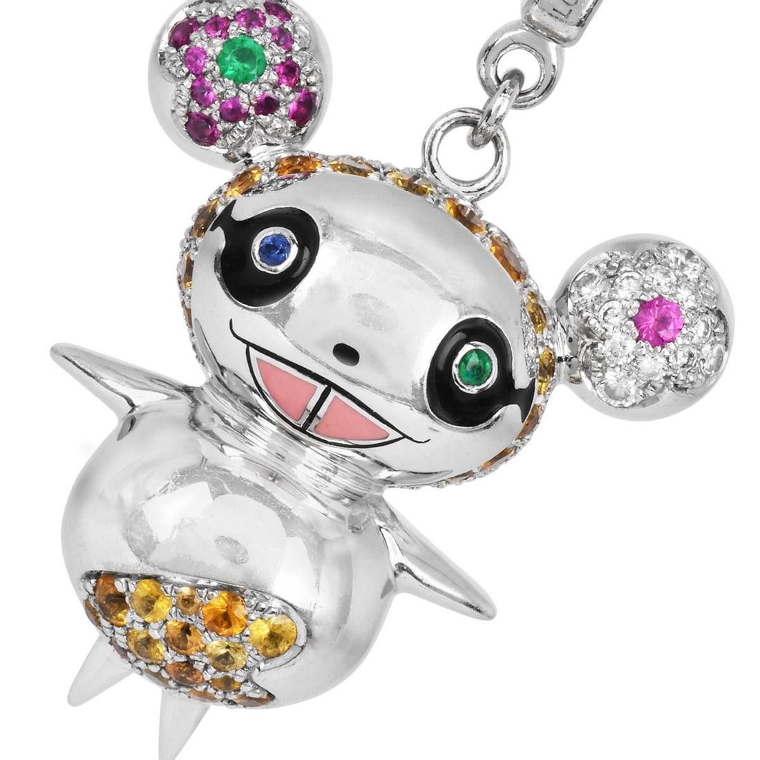 Louis Vuitton 18K White Gold Takashi Murakami Diamond Panda Pendant Necklace: This Louis Vuitton x Takashi Murakami Panda Pendant and Chain Necklace is a playful, collectible masterpiece crafted in 18K white gold. Featuring a whimsical panda character encrusted with 118