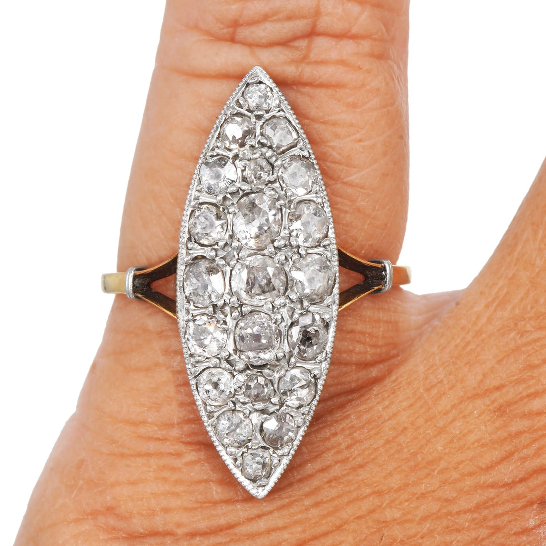 Antqiue Old Euro 1.80ct Old Mine Diamond 18K Yellow White Gold Navette Ring 3.6 Grams: Antique Old European & Old Mine Cut Diamond 18K Yellow & White Gold Navette Ring Metal: 18K Yellow Gold and White Gold Ring Size: 5.5 (resizable) Total Weight: Approximately 3.6 grams Measurements: