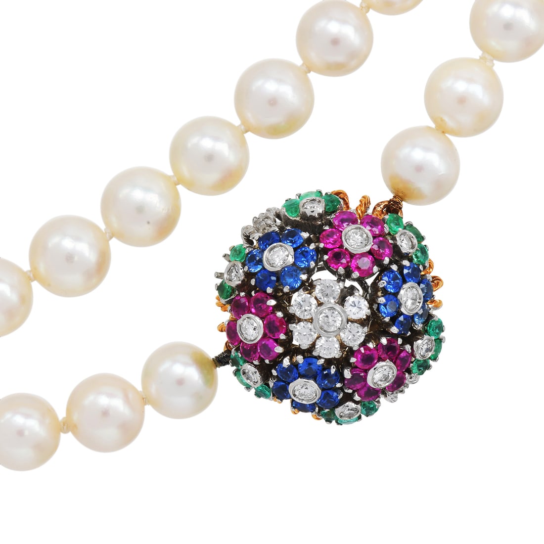 Vintage Sapphire Ruby Diamond Emerald Akoya Pearl 18K Two Tone Floral Necklace: Item: Vintage Multi-Gemstone Pearl Floral Necklace SKU: RIBR-01 Metal: 18K White & Yellow Gold Description: Vintage single strand necklace featuring Japanes