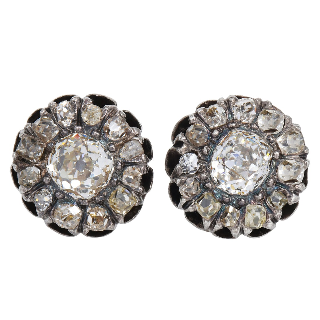 Victorian Old Euro 1.72ct Old Mine Cut Diamond Sterling Silver Gold Stud Earrings: Victorian Old European & Old Mine Cut Diamond Sterling Silver & Gold Stud Earrings Metal: Sterling Silver and Gold Measurements: Approximately 11 mm wide Total Weight: Approximately 4.2 grams Primary