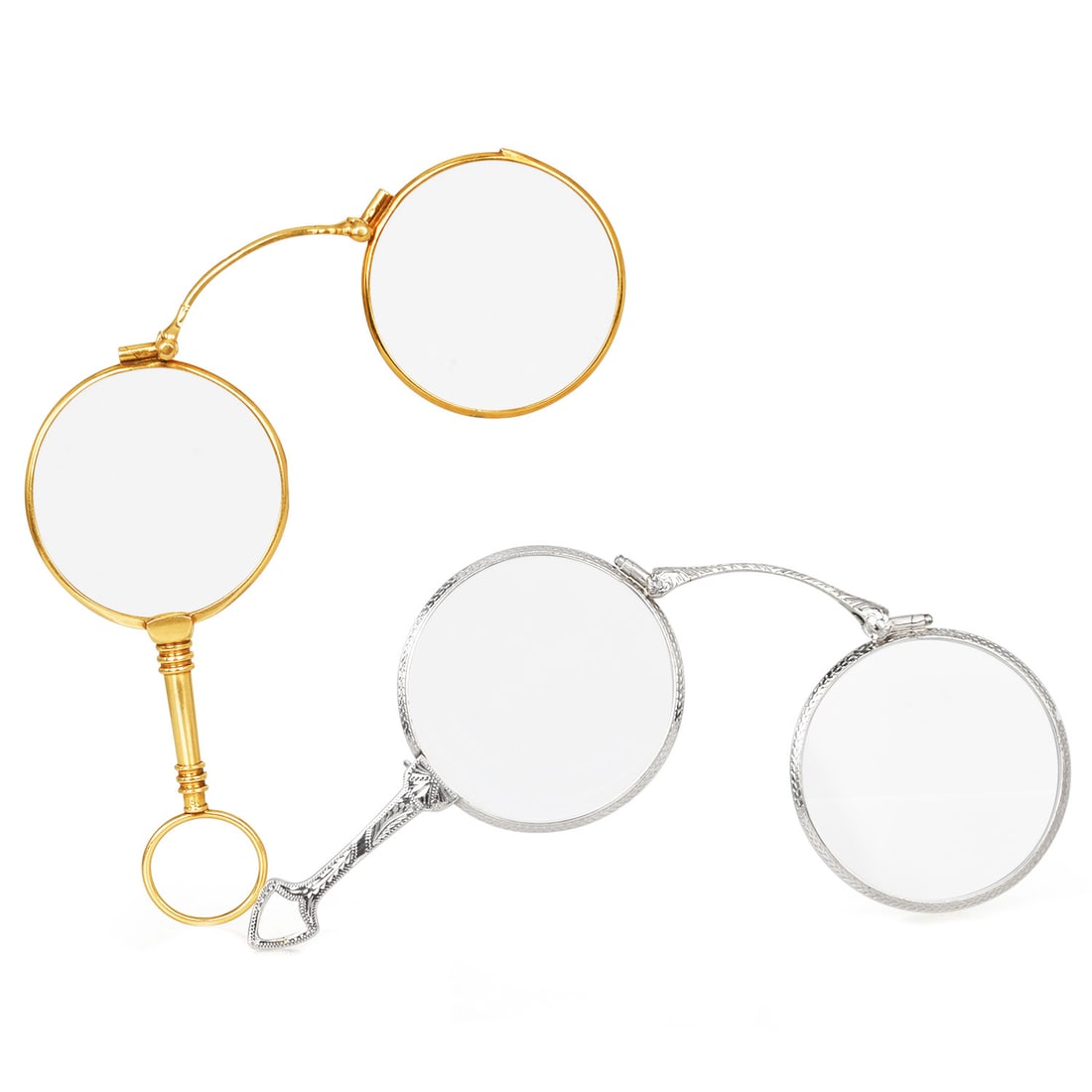 Vintage Lunettes 14K White Gold 18K Yellow Gold Opera Glasses Pendants: Lunettes Gold Pendant Pair Metals: 18K Yellow Gold and 14K White Gold Measurements: Approximately 40 mm across each pendant Total Weight: 18K Yellow Gold Pendant: Approximately 24.5 grams 14K White