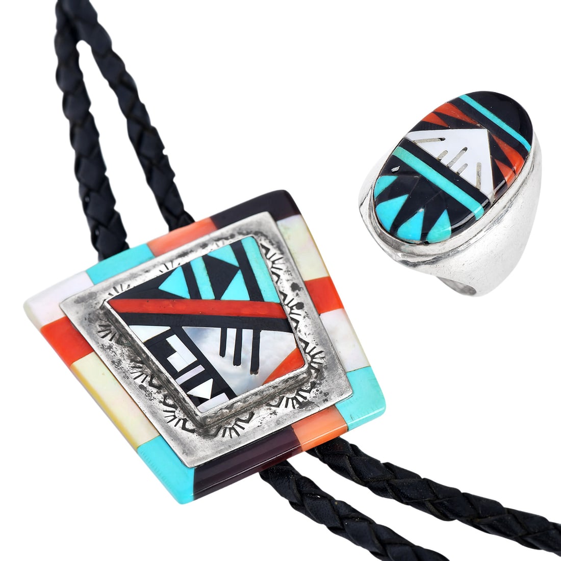 Vintage Signed Native American Coral, Turquoise, Mother-of-Pearl & Onyx Sterling Silver Bolo Tie: Vintage Signed Native American Coral, Turquoise, Mother-of-Pearl & Onyx Sterling Silver Bolo Tie and Ring Set Metal: Sterling Silver Total Weight: Bolo Tie: Approximately 36.3 grams Ring: