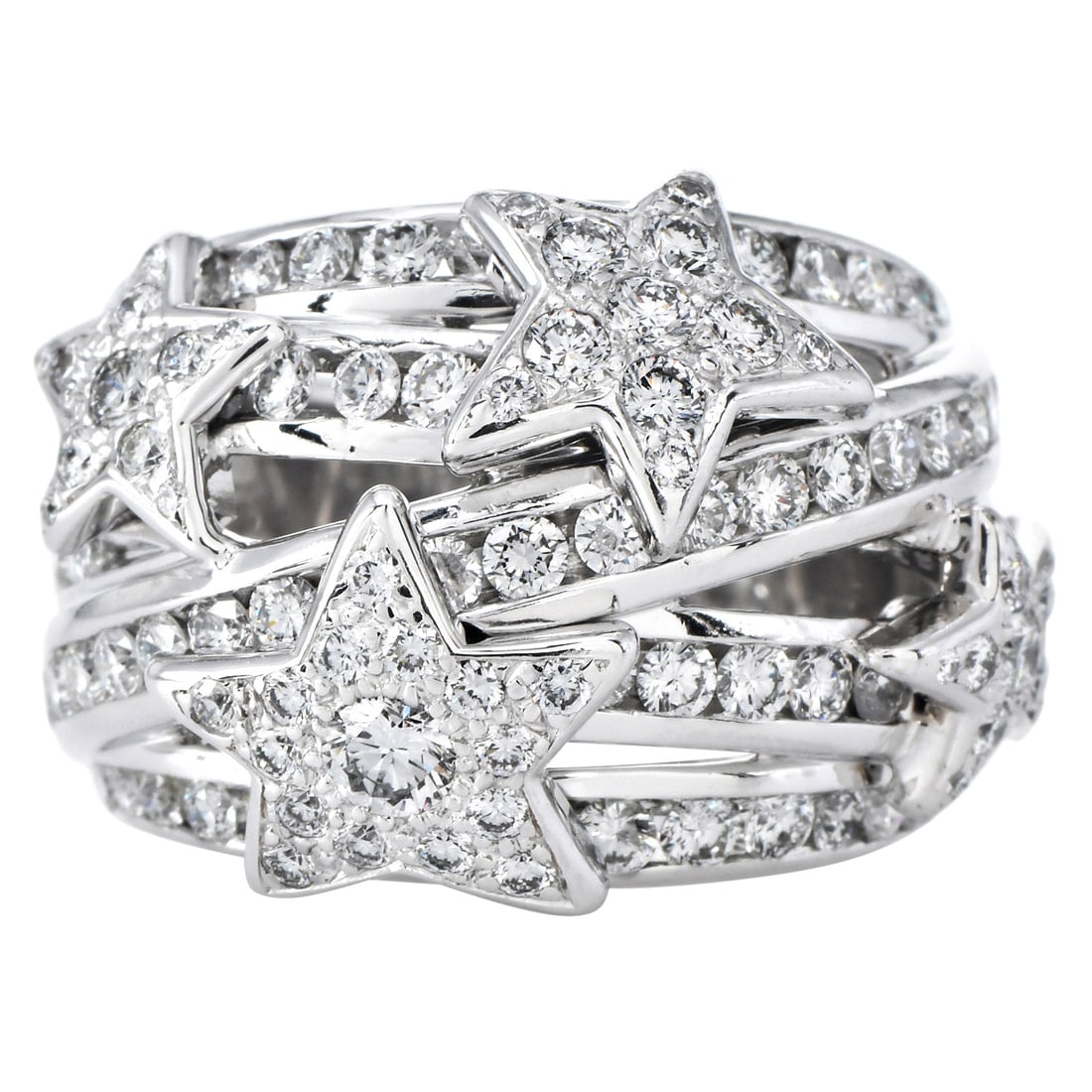 Chanel Comète 2.00ct Diamond 18K White Gold Ring 20.4 Grams with Box: Chanel Comète Diamond 18K White Gold Ring Brand: Chanel Collection: Comète Metal: 18K White Gold Ring Size: 5.5 Total Weight: Approximately 20.4 grams Primary Stones: Diamonds Quantity: 107 round