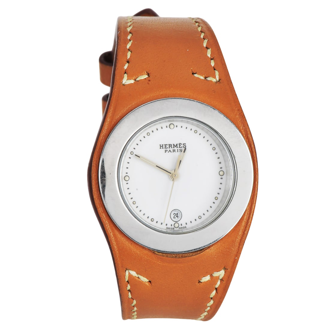 Hermes Harnais Stainless Steel Leather Quartz Watch with original Box: Hermès Harnais Stainless Steel Quartz Watch Brand: Hermès Model: Harnais Case Material: Stainless Steel Bracelet Material: Leather Movement: Quartz Dial Color: Orange Includes: Original box