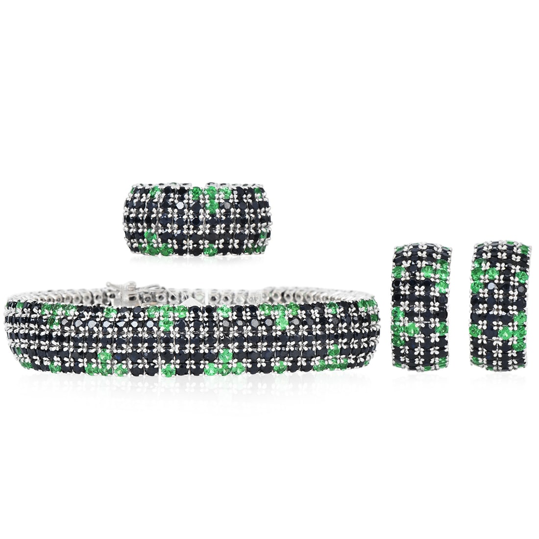 Roberto Coin Sapphire 30.70ct Tsavorite 18K White Gold Jewelry Suite 76.2 Grams: Roberto Coin Sapphire & Tsavorite 18K White Gold Jewelry Suite Brand: Roberto Coin Metal: 18K White Gold Suite Includes: Ring, Earrings, and Bracelet