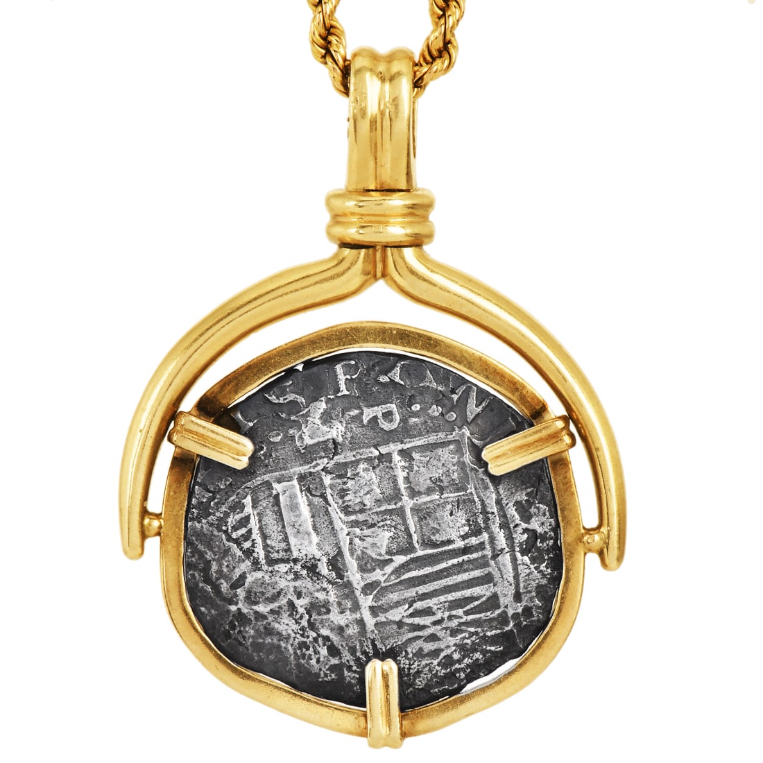 Nuestra Señora de Atocha 14K Gold Silver Spanish Shipwreck Coin Pendant 13.3 Grams With Paperwork: Nuestra Señora de Atocha Spanish Shipwreck Coin Pendant Origin: Spanish Colonial Coin Recovered from the Nuestra Señora de Atocha Shipwreck Metal: Authentic Silver Shipwreck Coin with
