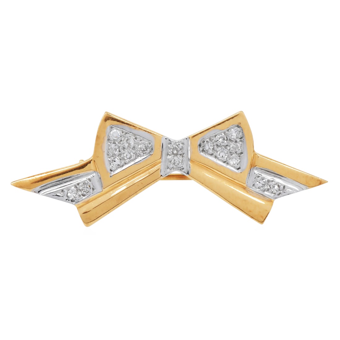 Diamond 14K Yellow & White Gold Bow Brooch Pin 2.7 grams: Diamond 14K Yellow & White Gold Bow Brooch Pin Metal: 14K Yellow Gold and 14K White Gold Measurements: Approximately 34 mm x 7 mm Total Weight: Approximately 2.7