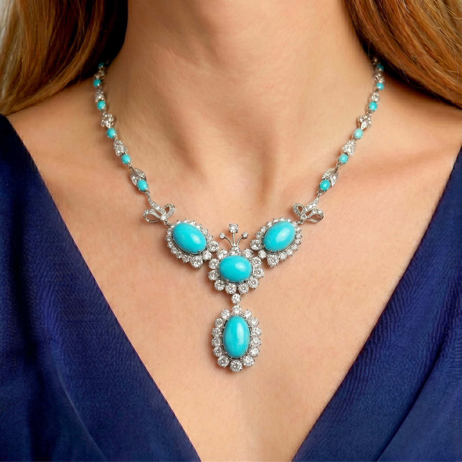 Vintage Turquoise 10.30ct Diamond 14K White Gold Necklace 46.5 Grams: Turquoise Diamond 14K White Gold Necklace Metal: 14K White Gold Length: Approximately 21 inches Width: Approximately 2.5 inches Total Weight: