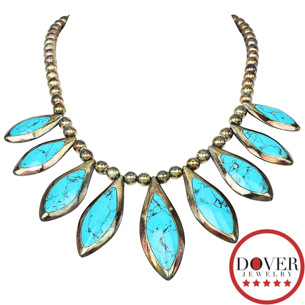 Estate Turquoise Onyx Silver 16" Reversible Teardrop Pendant Necklace 133.6 Grams (1 of 4)