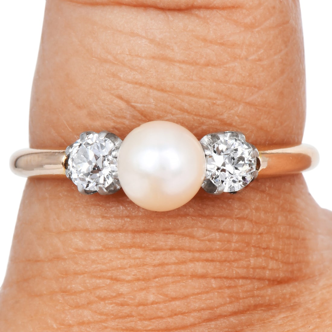Vintage Pearl Diamond 14K Yellow Gold Platinum Engagement Ring: Vintage Pearl Diamond 14K Yellow Gold & Platinum Engagement Ring Graceful and timeless, this vintage engagement ring is crafted in 14K yellow gold with a platinum-topped setting. The ring features a l