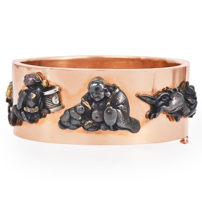 1940's Wide Gold Bangle WIth Chinese Gold Figurine Charms Bracelet 101.4 Grams: This wonderful Exceptionally well-made 1940 vintage 18k yellow gold retro period hand-made bangle bracelet is mounted with six handmade 18k gold Chinese figurines. Measurement: 7 Inches x 27mm Weight: